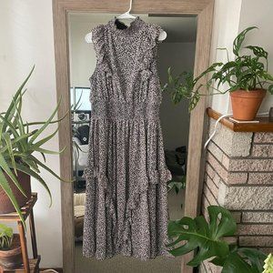 Evalina Black Floral Print Mock Neck Midi Dress